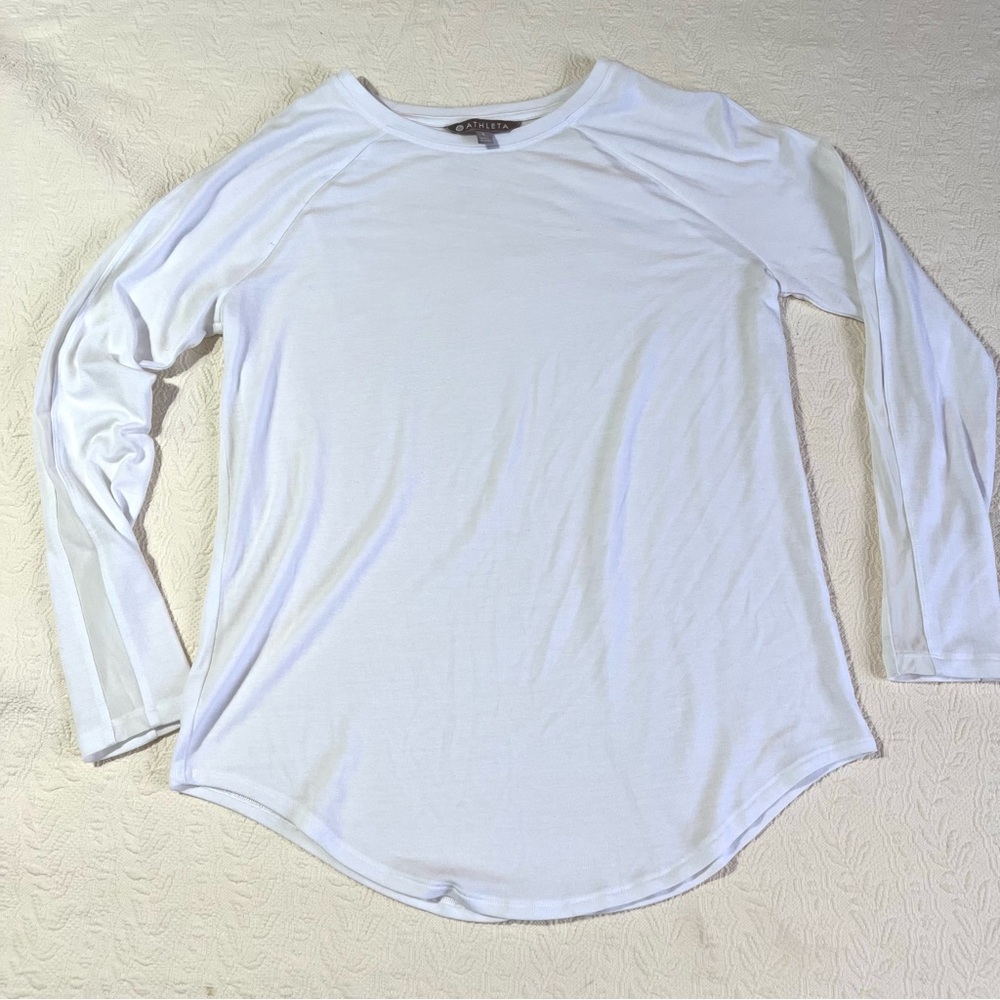 Athleta Sheer Stripe Long Sleeve Shirt Women's Size S White Curved Hem